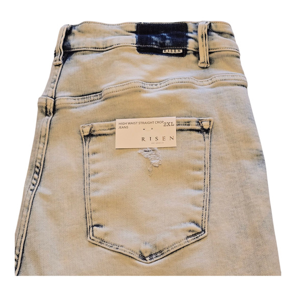 Risen Jeans Light Acid Wash Womens 2XL Straight Leg High Waist Crop Distressed - Picture 8 of 15